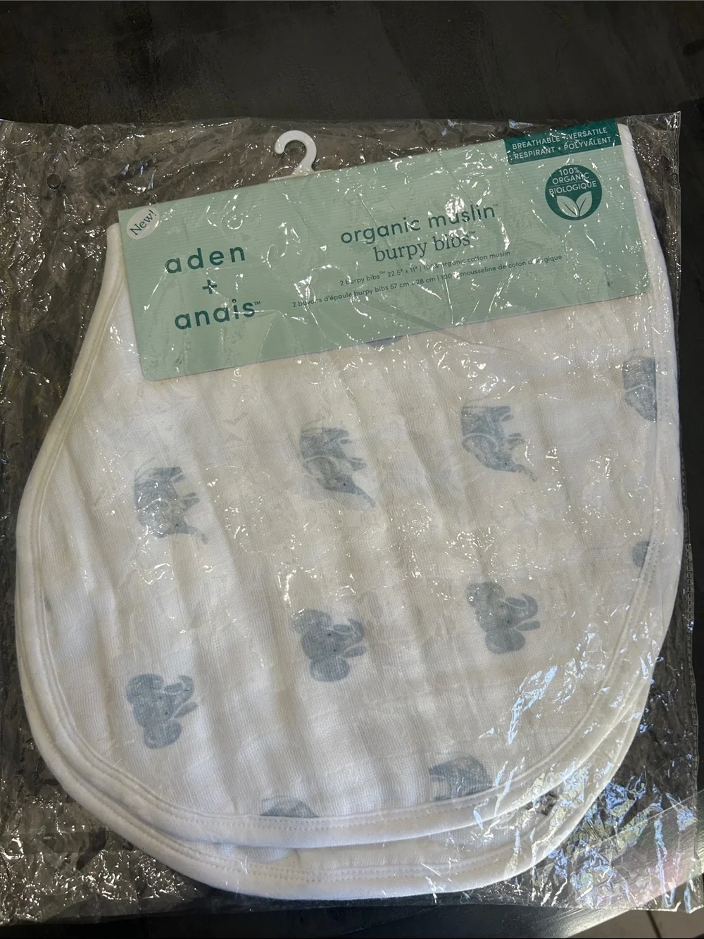 Organic Muslin Bibs (2) with elephants on one side and zebras on the other side